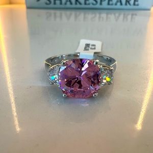 NWT 3 Stone simulated Pink Diamond CZ Cubic Zirconia Ring Rhodium Silver Tone